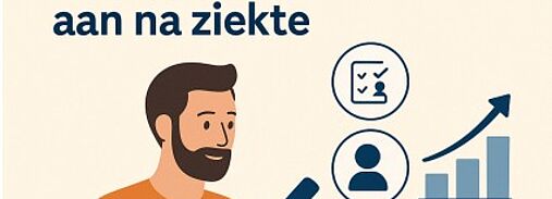 Illustratie van een zelfstandige ondernemer met een clipboard, gericht op re-integratie bij Rechtsz voor zzp'ers na ziekte, met iconen voor gezondheid, werkplanning en herstel.