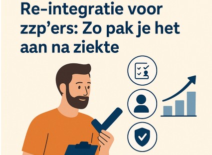 Illustratie van een zelfstandige ondernemer met een clipboard, gericht op re-integratie bij Rechtsz voor zzp'ers na ziekte, met iconen voor gezondheid, werkplanning en herstel.